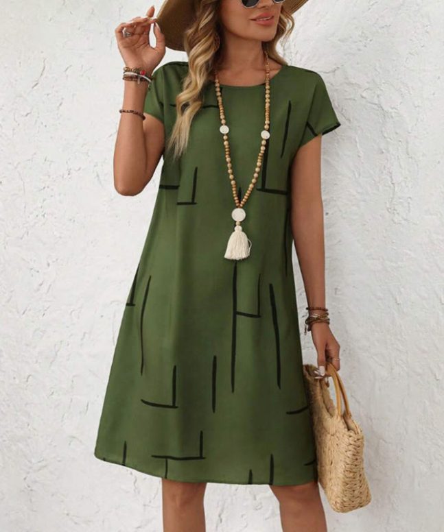 Geometric Line Print Short Sleeve Crew Neck Midi Dress - Image 3