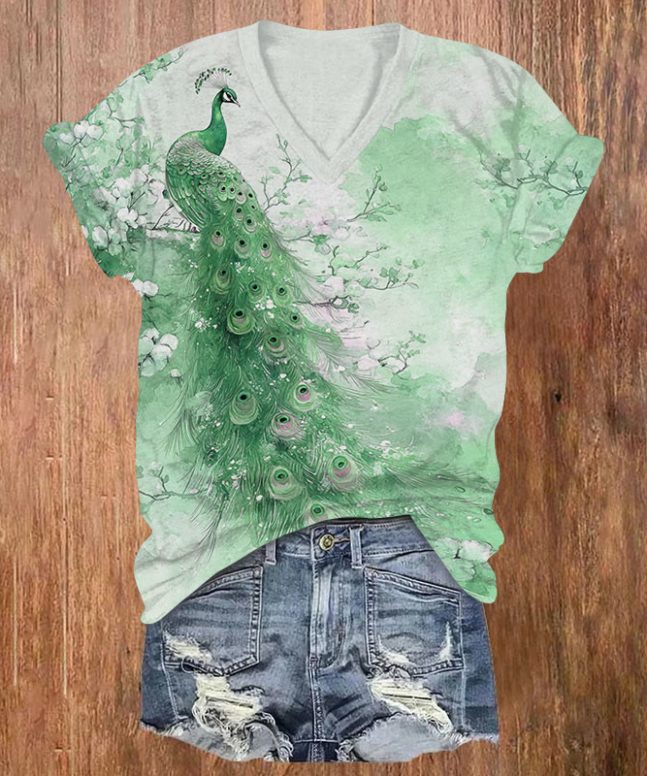Peacock Print V-neck T-shirt - Image 3