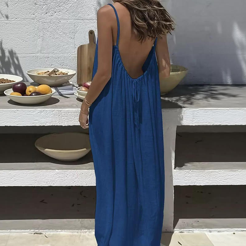 Loose Solid Color Adjustable Tie Strap Vacation Dress - Image 4