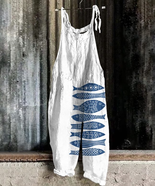 Fish Japanese Lino Art Print Casual Jumpsuit - Image 3