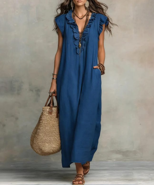Women's Solid V-neck Sleeveless Ruffled Maxi Dress - Image 6