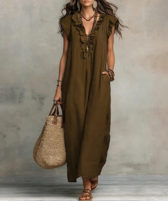 Women's Solid V-neck Sleeveless Ruffled Maxi Dress - Image 4