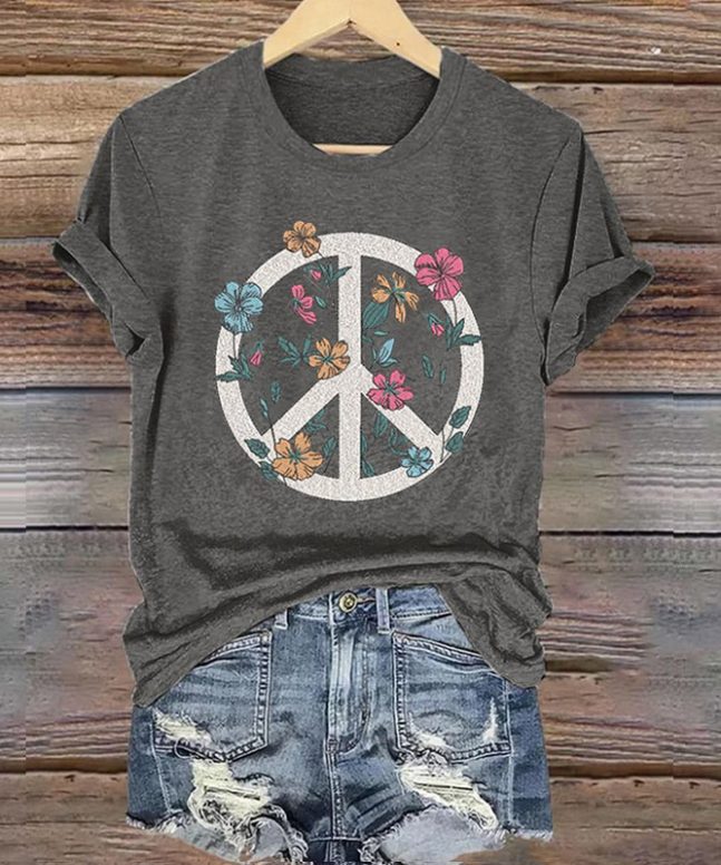 Women's Hippie Peace Sign Flowers Love And Peace Printed Casaul Short Sleeve  Crew Neck T-shirt - Image 3