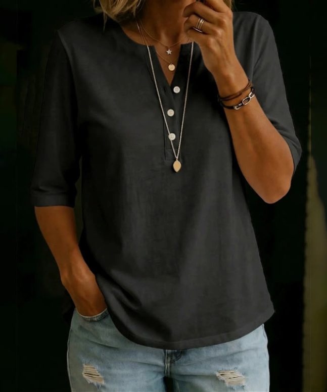 Simple Cozy Henley-collar Mid-sleeve Cotton T-shirt - Image 4
