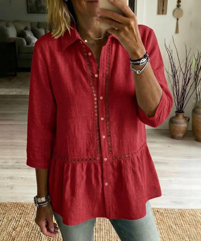 Elegant Bohemian Openwork Lace Linen Blend 3/4 Sleeve Blouse - Image 7
