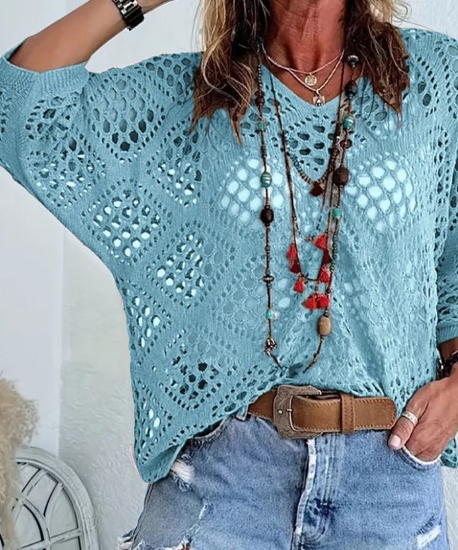 Beach Diamond Cutout Batwing Sleeve V-Neck Cover-up T-Shirt - Image 9