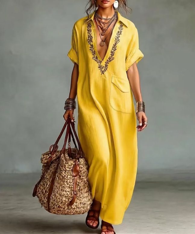 Elegant Solid Embroidered V-neck Pocket Lapel Short-sleeve Maxi Dress - Image 6