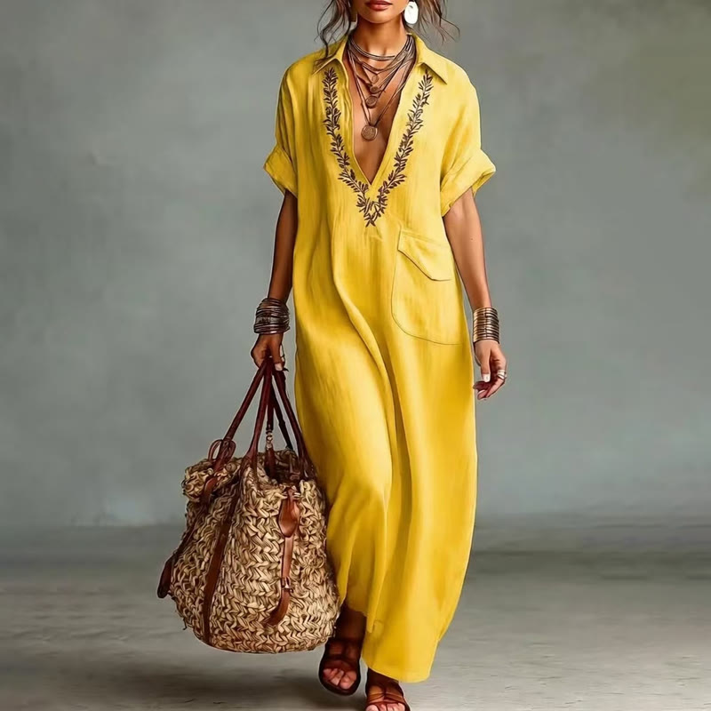 Elegant Solid Embroidered V-neck Pocket Lapel Short-sleeve Maxi Dress - Image 6